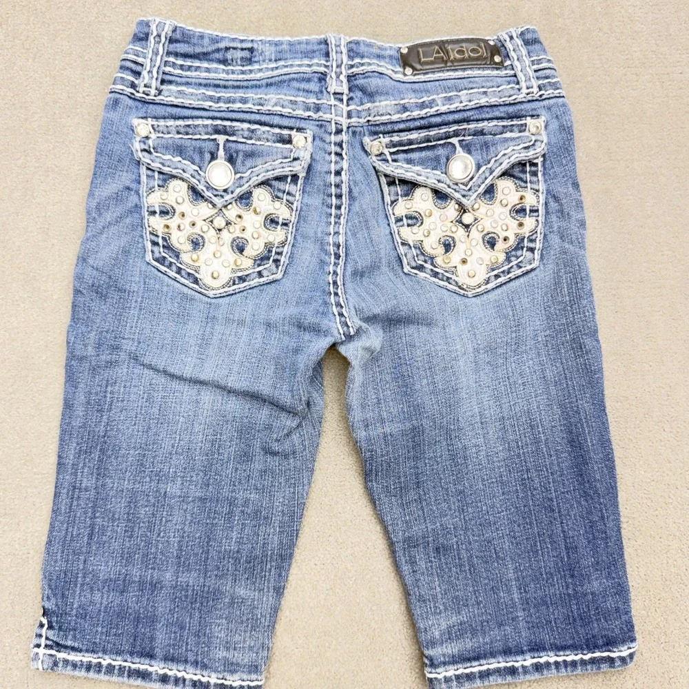 LA Idol USA Womens Denim Bermuda Shorts Blue Thick Stitch Rhinestone Size 12